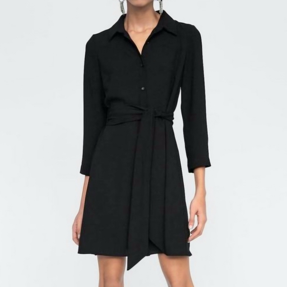 Zara Black Mini Shirt Dress Medium M 3/4 Long Sleeve A-Line Casual Minimalist